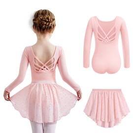 Zaclotre Girls Pink Leotards for Ballet Hallow Back Long Sleeve Dance Outfit with Removable Hi Low Skirt Dance Sets for Girls 6-7 Years