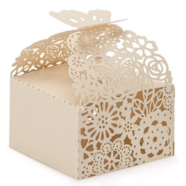 sunohyesla 50pcs Laser Cut Floral Butterfly Favor Boxes - Elegant White Gift Candy Boxes for Bridal Shower, Anniversary, Romantic Wedding Party Favors Beige White