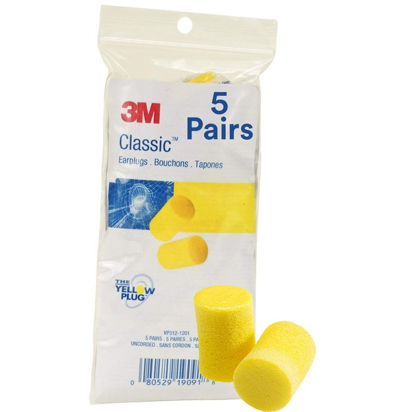 3M Ear Plugs, 5 Pairs/Poly Bag, E-A-R Classic VP312-1201, Uncorded, Disposable, Foam, NRR 29, For Drilling, Grinding, Machining, Sawing, Sanding, Welding