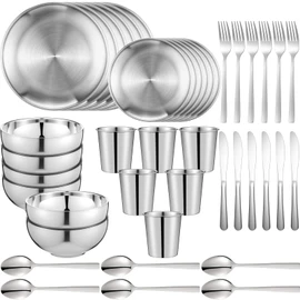 Jinei 42 Pcs 304 Stainless Steel Dinnerware Set 10 Inch 7 Inch Stainless Steel Plates Bowls Cups Forks Spoons and Knives Sets Reusable Metal Camping Dinnerware for Home Outdoor Picnic Kitchen