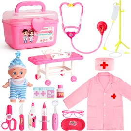 Huitem Doctor Kits for Toddlers Aged 3,4,5,6, Pretend Play Doctor Set for Toddler with Baby Doll,17 PCS Pink Role Play Medical Toys for Girls Boys,Doctor Play Gift for Kids Toddlers