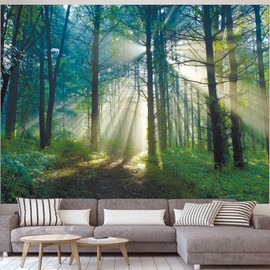 Wycian Tapestry Nature Landscape Wall Towel Forest Sky Mist Wall Hanging Jungle Tapestry Green Misty Morning In The Forest Microfibre 240 x 200 cm (W x H)