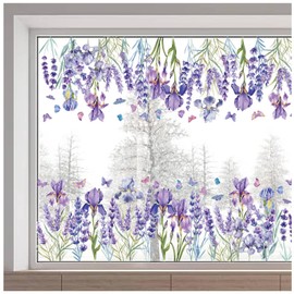 GORGECRAFT 46x15/116x38cm Large Lavender Window Clings Double Sided Iris Flower Window Stickers Nature Flowers Window Decals Spring Non Adhesive Static Vinyl Film for Glass Sliding Door