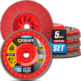 Ceramic Flap Discs 4 1/2 for Angle Grinder - 40 Grit Flap Wheels for Stainless Steel and Sheet Metal - Grinder Sanding Disc 5/8 Arbor (5 Pack) GRAFF