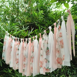 Mybbshower Blush Chiffon Tassel Garland Floral Hanging Banner for Nursery Room Wall Decor Birthday Backdrop Pink Wedding Engagement Bridal-Shower Baby Shower Decor 50 Inches(L) X 14 Inches(H)