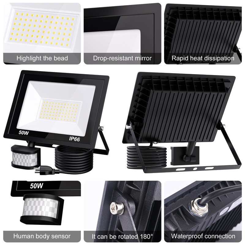 MIWAT 50W Plug in LED Motion Sensor Flood Light, PIR