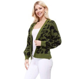 YEMAK Women's Chunky Leopard Print Open Front Long Sleeve Jacket Sweater Cardigan HK8254LEO-SAGE/BLACK-M/L