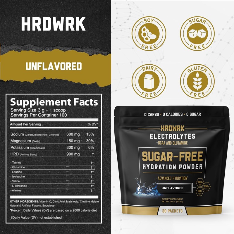 HRDWRK Electrolytes Powder Packets with Magnesium, Potassium Sodium, Keto Hydration