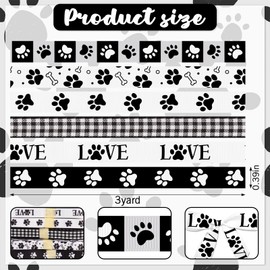 LANGFON 6PCS 3/8" Paw Print Ribbons Grosgrain Black White Dog Paw Print Ribbons for Wrapping Gift 15 Yard, Paw Print Decor Ribbon for Pet Dog Lover Birthday Party Decoration Gift Wrapping DIY Supplies