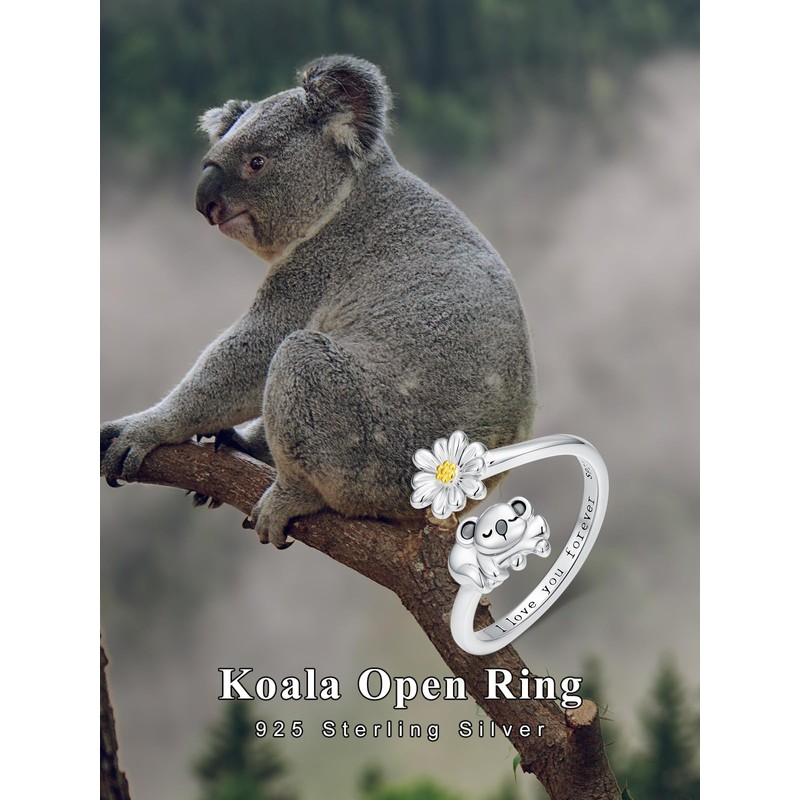 Cargari Koala Open Ring 925 Sterling Silver Koala Adjustable Ring