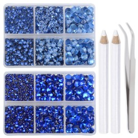 LPBeads 6400 Pieces Sapphire and lt Sapphire Hotfix Rhinestones Flat Back 5 Mixed Sizes Crystal Round Glass Gems with Tweezers and Picking Rhinestones Pen