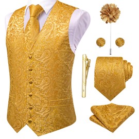 Hi-Tie Jacquard Mens Gold Paisley Silk Suit Vest and Tie Set Lapel Pin Gold Tie Clip Paisley Floral Casual Waistcoat Tuxedo Wedding Party Business