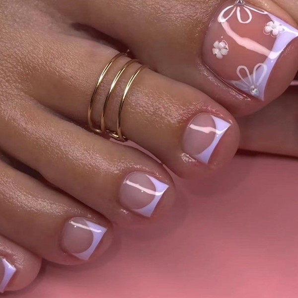 False Toenails Short - 24pcs Flower Patterns French Tip Press