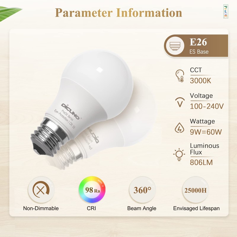 DiCUNO ProOE A19 LED Bulbs 60W Equivalent, 3000K Warm White,