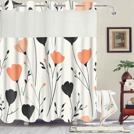 Gdmoon No Hook Vintage Beige Floral Shower Curtain with Snap in Fabric Liner Black Orange Plant Retro Aesthetic Farmhouse Country Double Layer Through Mesh Top Home Bathroom Decor 71x74in YLSHGD312