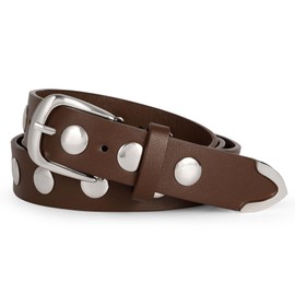 LEACOOLKEY Women's Fashion Leather Belt Women Belt for Jeans Dress Women's Punk Leather Belt Women Rivets Leather Belt Women's Vintage Belt, F-Coffee(Silver Buckle)