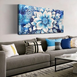 Flower Picture Wall Decor for Bedroom Large Blue Flower Canvas Wall Art for Office Framed Floral Wall Art for Living Room Ready To Hang Size 40 x 20 Inch