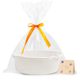 Pro Goleem Cesta tejida pequeña con bolsas de regalo y cintas, cestas duraderas para el día del padre para regalos, cesta de cuerda pequeña vacía para almacenamiento de 12 x 8 x 5 pulgadas, cestas de juguetes para bebés con asas, color blanco