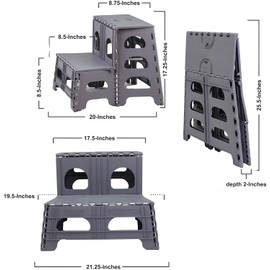 Bee Neat Folding 2 Step Stool for Adults - Collapsible & Foldable Step Ladder for Office, Garage, Closet, Bathroom - Non-Slip & Wide Stepping Stool Supports 300lbs - Industrial - Gray