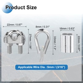 PATIKIL 18Pcs M5 304 Stainless Steel Wire Rope Kit, Wire Rope Cable Clip Clamp, Tube Thimble and Crimping Loop for 3/16 Inch Wire Rope Cable Thimbles, Silver