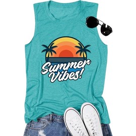Beach Vacation Clothes for Women Novelty Summer Vibes Graphic Print Hawaiian Clothing Summer Sleeveless Lake Mode Tanks(Mint Green XL)