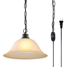 ANYLOVE Vintage Plug in Pendant Light,12" Glass Shade,Black Chain,Adjustable Pendant Light,No Light Source,for Kitchen,Bedroom,Living Room