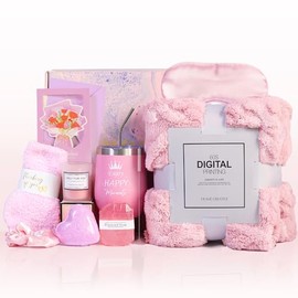 Birthday Gifts for Women, Self Care Gift Box Baskets with Luxury Flannel Blanket for Girlfriend (Pink)