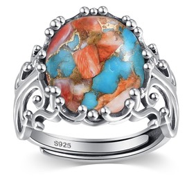 AVECON Turquoise Rings for Women 925 Sterling Silver Adjustable Ring Vintage Filigree Engagement Ring With Oval Spiny Turquoise Promise Rings for Her Birthday Jewellery Gifts