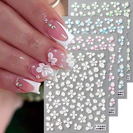 5D Embossed Flowers Nail Stickers for Nail Art Designs,4 Sheets Spring Cherry Blossom Floral Petals Self-Adhesive Nail Decals,Holographic Sakura Foils Sticker for Nail Decoration Manicure Supplies