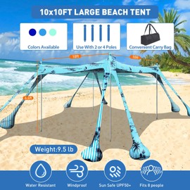 Wabolay Beach Tent Sun Shelter 10x10ft Beach Canopy Easy Pop Up Sun Shade Portable UPF50+ with 8 Sandbags-2 Sand Shovel-4 Aluminum Poles-Ground Pegs for Outdoor Family Camping Fishing Backyard Picnic
