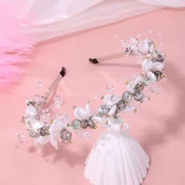 Formery Pearl Flower Headband Silver Crystal Beaded Hairband Wedding Party Prom Handmade White Rhinestone Bead Headpiece for Women and Girls
