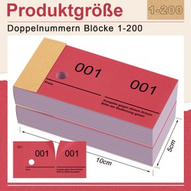 Nezyo Double Number Block 1-200 Raffle Tickets with Numbers Number Blocks Number Blocks 10 cm x 5 cm Raffle Tickets for Wardrobe Raffle Events Fairs Entrance Tickets and Treats (Red)