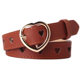 B-HOT Womens Retro Adjustable Heart Hole Belt Ladies Skinny PU Leather Waist Belts with Heart Buckle for Dress Brown