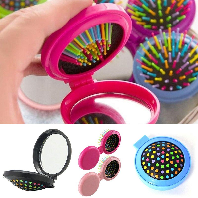 3 Pack Folding Hairbrush With Mirror Compact Pocket Size Travel