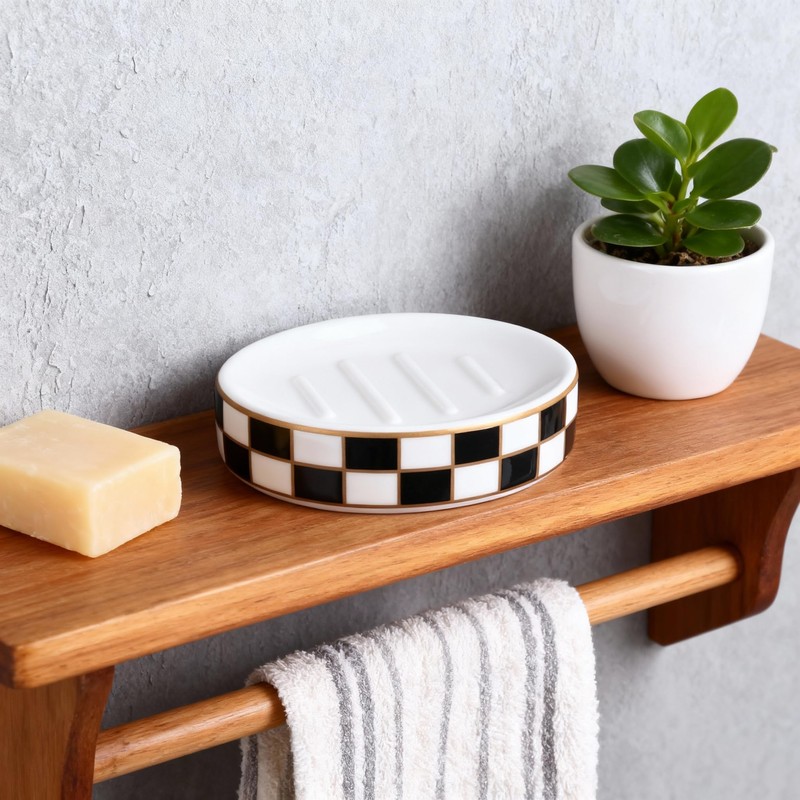 Ceramic Checkered Soap Dish,Black&White Soap Dish for Bathroom Sink, Bar