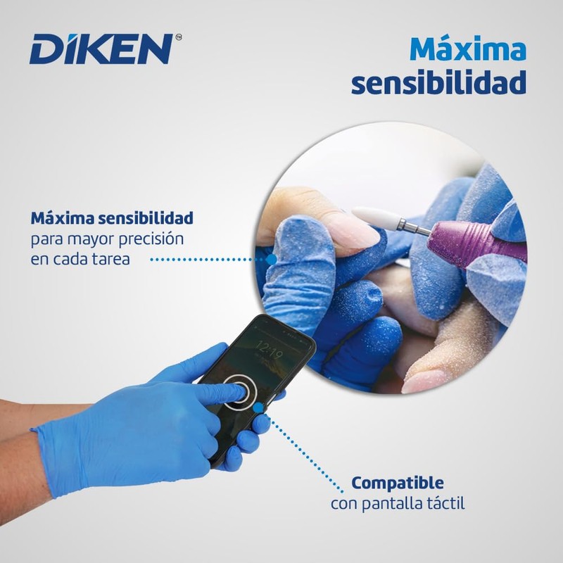 DIKEN Guantes 100% Nitrilo, Grado Alimenticio, Color Azul, SIN Polvo,