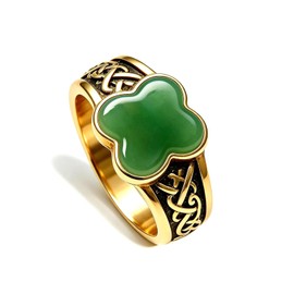 THJEW Vintage Lucky Four-Leaf Clover Natural Aventurine Jade Ring, 18K Gold Plated, Celtic Swirl Engraving, Unisex Gothic Retro Statement Jewelry, Gift (Celtic Knot_A, 8)