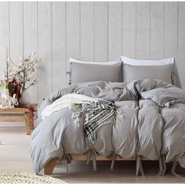 TCXZTYJH Gray Duvet Cover Set, Brushed Cotton Bedding Set King Size, Bowknots Design with Ties Closure (3pcs, 1 Quilt Cover and 2 Pillow Shams)
