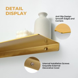 MATOOYA 2Pcs Small Shelf for Wall, Floating Shelf for Collectibles, Aluminum Alloy Wall Mounted Shelves, Floating Shelves for Bathroom Bedroom (Gold, 40cm/15.75inch, 2)