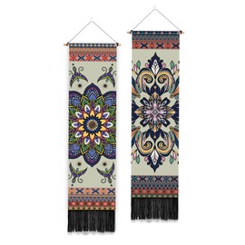 PLIGREAT 2 Sets Mandala Pattern Tapestry, Bohemian Wall Tapestry Vertical Wall Hanging with Tassels Aesthetic Wall Tapestry for Bedroom Living Room Long Narrow Wall Hanging Housewarming Gift,130x33 cm