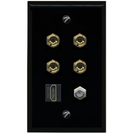 RiteAV 4 Port Banana 2 Speaker Binding Post HDMI Coax Wall Plate - Flat Style [Black/Black]