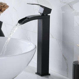 VCCUCINE Vessel Sink Faucet Black, Single Handle Single Hole Waterfall Rv Bathroom Faucet, Tall Lavatory Vanity Sink Faucets with Pop Up Drain and Two 3/8" Hoses