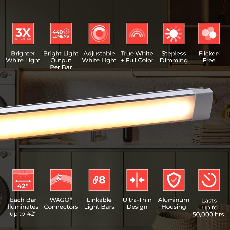PureOptics LED Professional Push Wire® Under Cabinet Light Bar, Add-on,