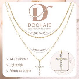 Dochais Gold Chain, Layering Chain for Women, 14 Carat Gold-Plated Layering Necklace, 5A Zircon Necklaces with Evil Eye Circle Cross, Gold Chain Gifts Necklace for Women and Girls, Brass