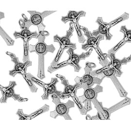 Caritas et Fides Pack of 100 - St Benedict Crucifix for Rosary Making (1.5 Inch) Silver Oxidized Crosses for Bulk Catholic Necklaces and Bulk Rosary Making Supplies, Made in Italy