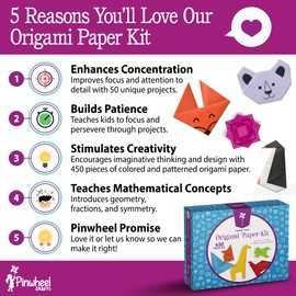 Pinwheel Crafts Origami Kit for Kids Ages 5-8,8-12 | 450 Sheets Origami Paper Kit w/ 50 Projects, 400 Solid Color Paper for Crafts, 50 Japanese Patterns & Guide Book | Christmas Gift for Boys & Girls
