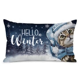 Rustic Christmas Winter Cat Pillow Covers 12x20, Cat Lover Lady Mom Gifts, Hello Winter Snowflake Christmas Tree Cozy Kitten Decorative Pillow Covers for Bedroom Home Office