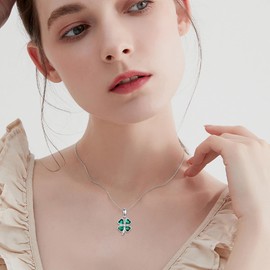 URONE Four Leaf Clover Necklace 925 Sterling Silver Green 4 Leaf Lucky Clover Pendant Chain Necklace Good Luck Four Leaf Clover Jewellery Gifts for Women