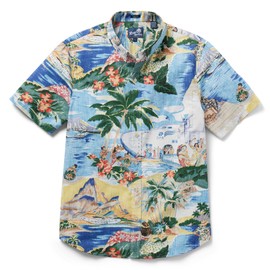 Reyn Spooner Men's Transpacific 40's Tailored Button Front Retro Scenic Hawaiian Aloha Shirt, Blue, 2XL