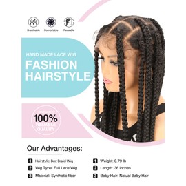 AVELLABEE 36" Boho Braided Wig for Black Women - Full Lace Box Braids, Faux Locs & Dreadlocs Lace Front Wigs, Synthetic Braiding Hair Wig (Big Box Braids)